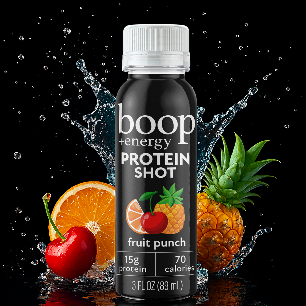 Boop + Energy Protein Shot bottle with fruit punch flavor on a black background