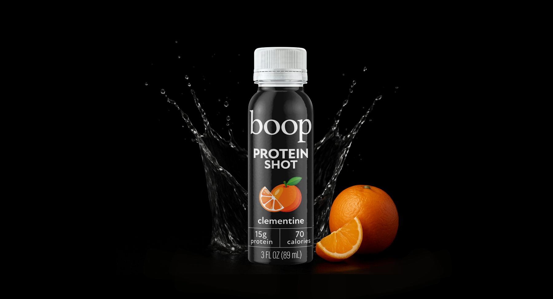 Boop Protein Shot bottle with clementine flavor on a black background