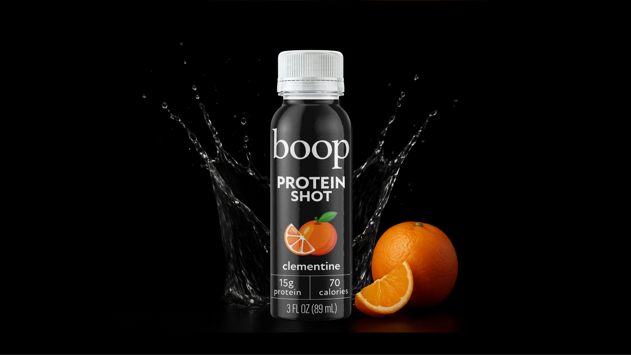 Bottle of boop Protein Shot with clementine flavor on a black background.