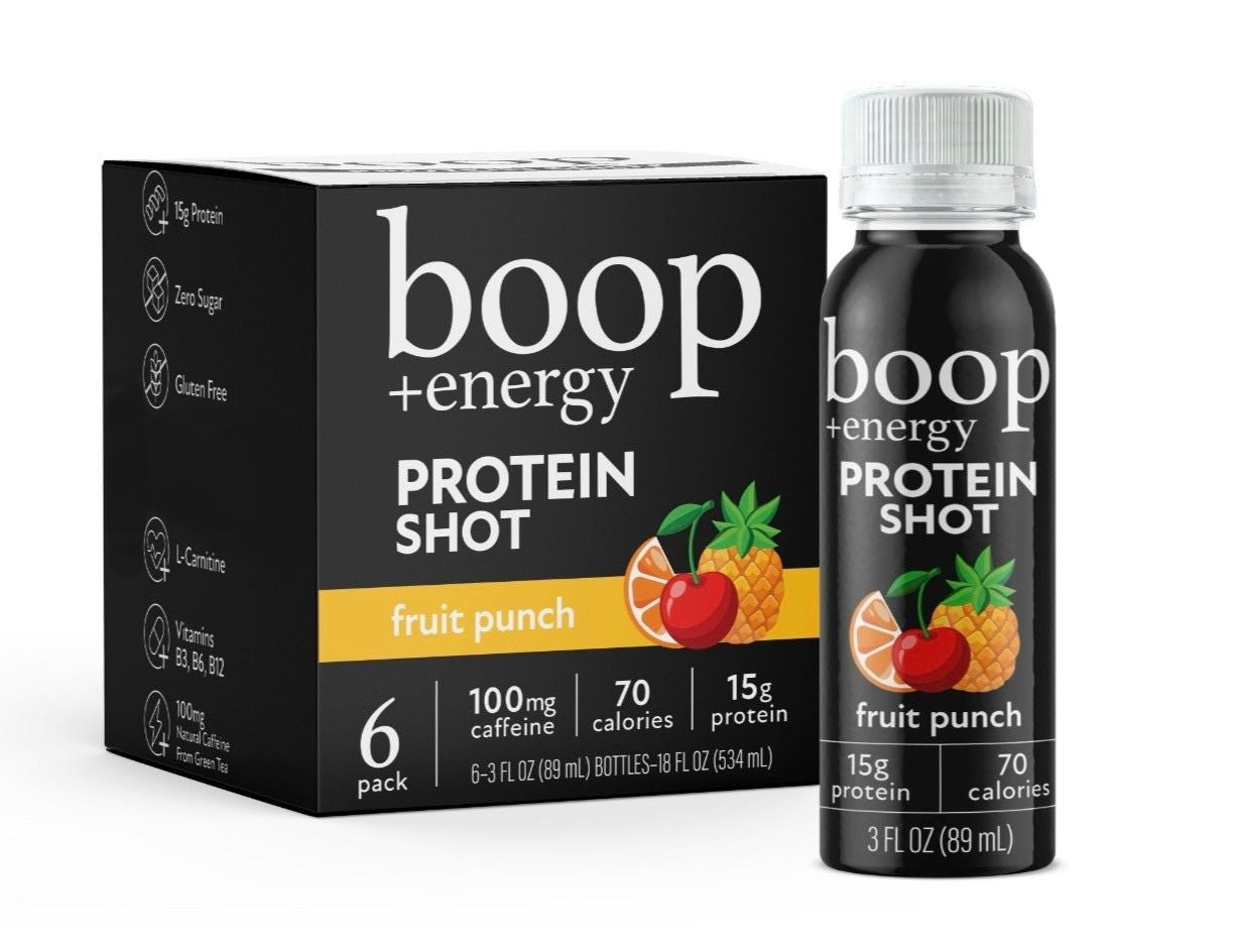Packaging for boop protein shots in a fruit punch flavor, displaying the product name, calorie content, and protein information.