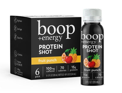 Packaging for boop protein shots in a fruit punch flavor, displaying the product name, calorie content, and protein information.