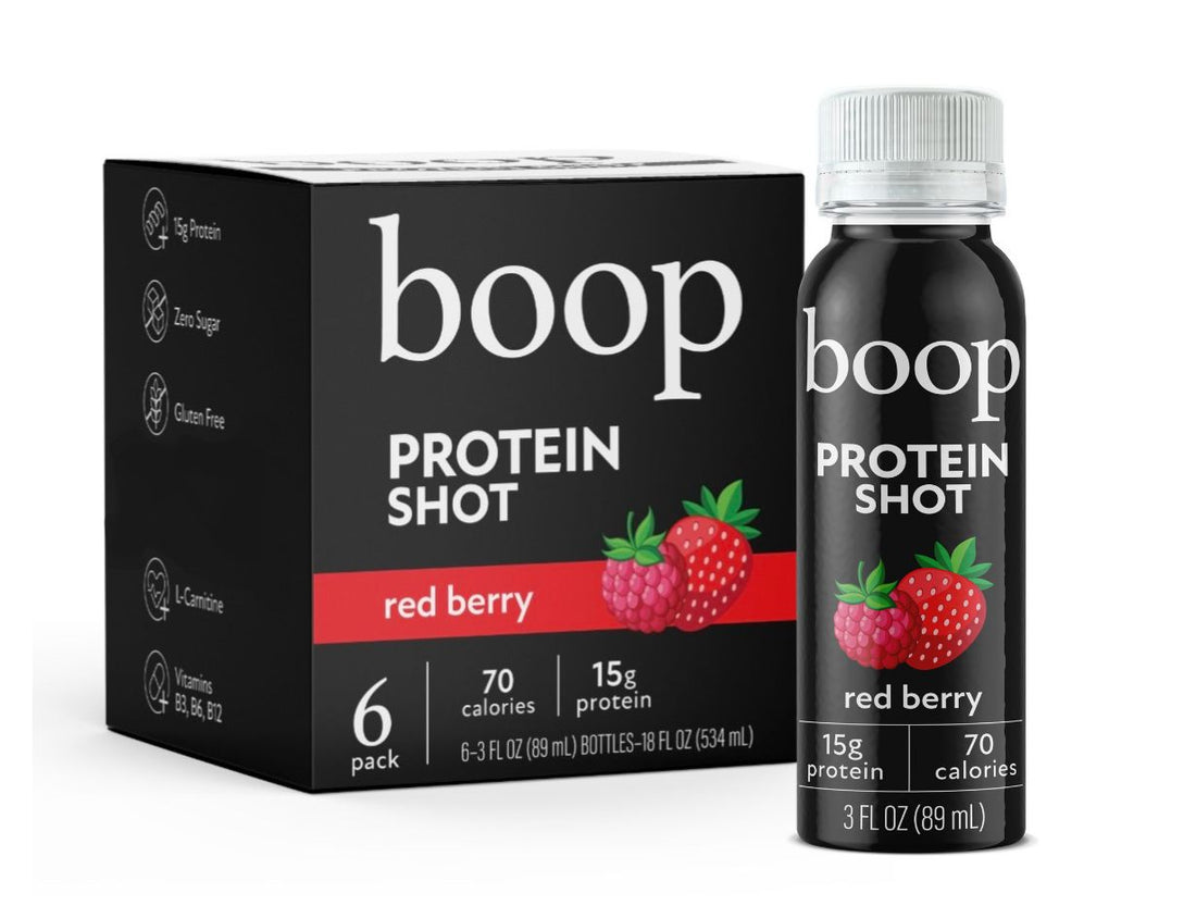 Packaging for boop protein shots in a red berry flavor, displaying the product name, calorie content, and protein information.