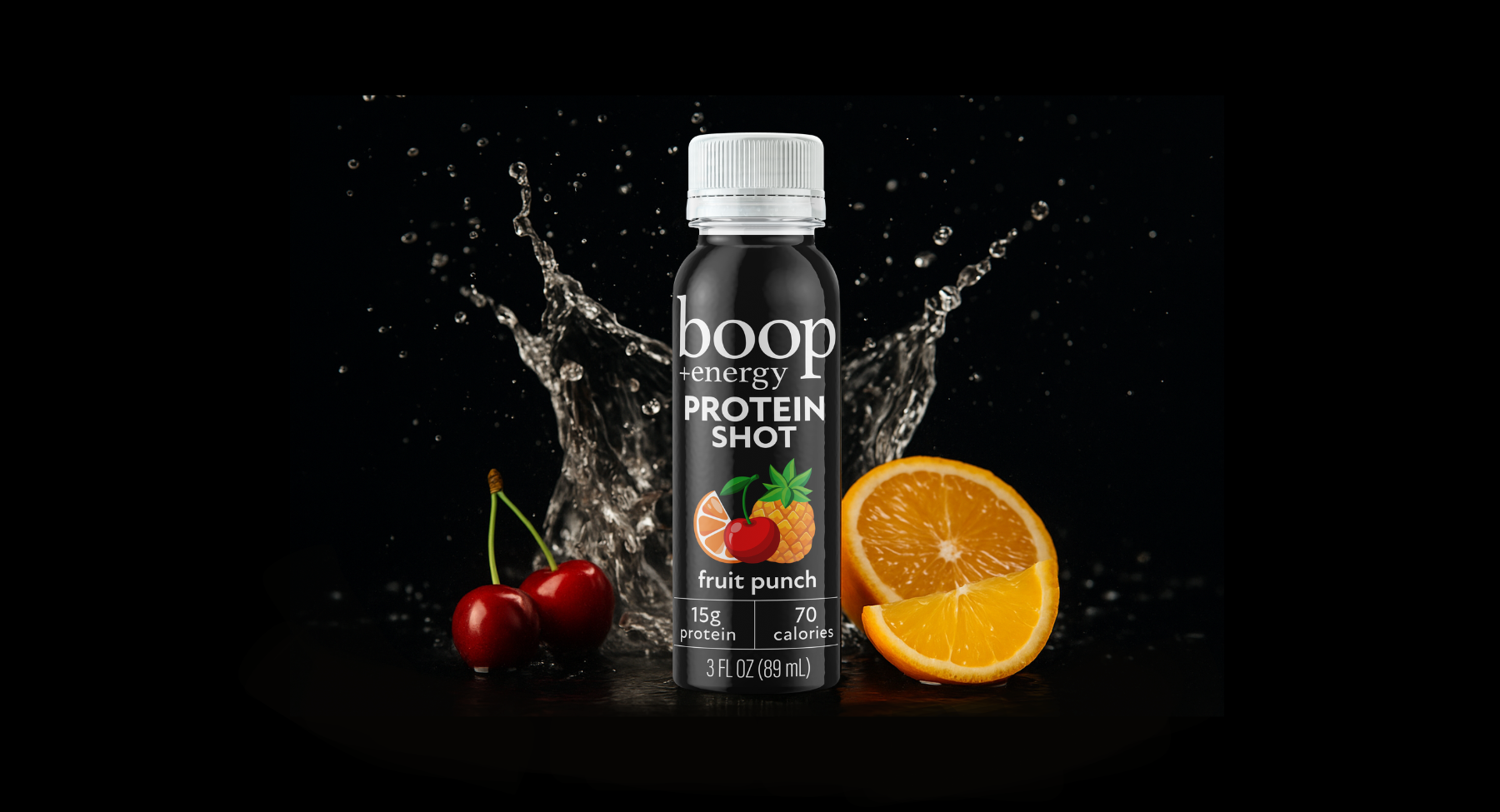 boop energy protein shot bottle with fruit punch flavor on a black background