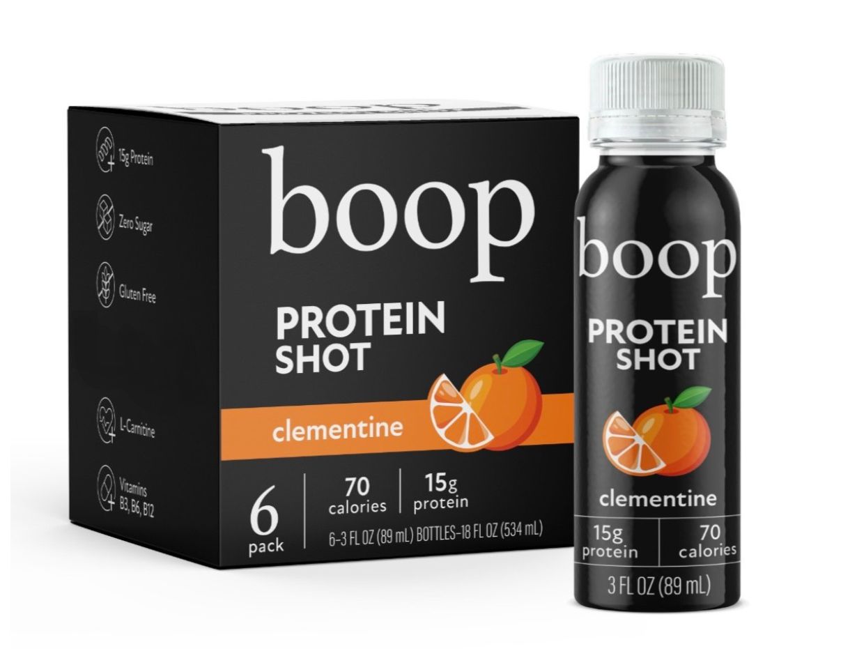 boop + energy Protein Shot packaging and bottle on a white background